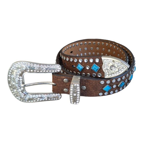 Nocona Belt Co. Leather Turquoise Stud Western Rodeo Festival Rhinestones size M - Picture 1 of 15